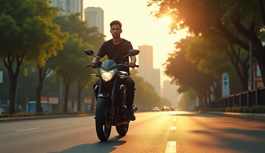 A 20-year-old, thin, 1.80-meter-tall young man, with his black Honda CB300cc motorcycle, begins his journey on the streets of Jakarta. The background shows tall buildings and several trees on the side of the road. The morning sun illuminates the road, giving a bright and energetic atmosphere.
His black Honda CB300cc motorcycle, is turned on, then slowly drives on the quiet road. The camera follows from the side, highlighting the motorcycle running smoothly on the asphalt.