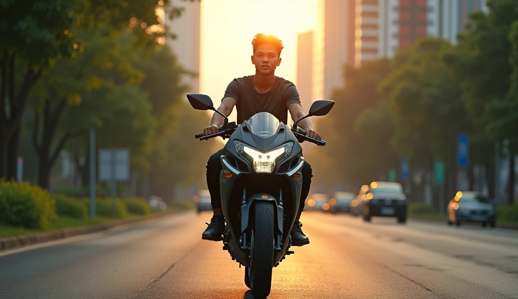 A 20-year-old, thin, 1.80-meter-tall young man, with his black Honda CB300cc motorcycle, begins his journey on the streets of Jakarta. The background shows tall buildings and several trees on the side of the road. The morning sun illuminates the road, giving a bright and energetic atmosphere.

His black Honda CB300cc motorcycle, is turned on, then slowly drives on the quiet road. The camera follows from the side, highlighting the motorcycle running smoothly on the asphalt.