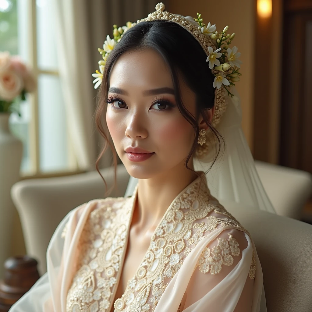 a indonesian women, wear sheer silk hijab with gold accesories and some Jasmine flower pistil decoration tied lengthwise on left headside. glamour makeup, wear longsleeve intricate lace details white traditional indonesian muslim bride kebaya, sweet calm expression, indoor glamour wedding decoration seat with sunda theme details. look at the viewer, natural light, realistic photography, wide angle shot , detailed facial features,
