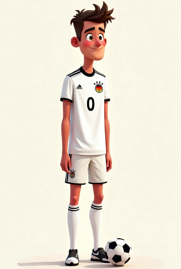 Generates a cartoon tall teenage man with a soccer ball wearing the current white uniform of the Germany national team with the flag of Germany with the number 0 on the shirt without a background, only the person