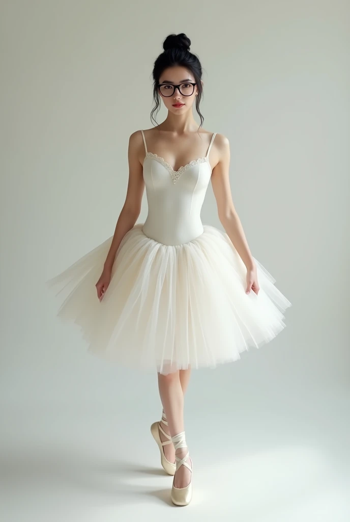 Realistic woman With tutu White girl, glasses Black hair bun baillarina look The camera