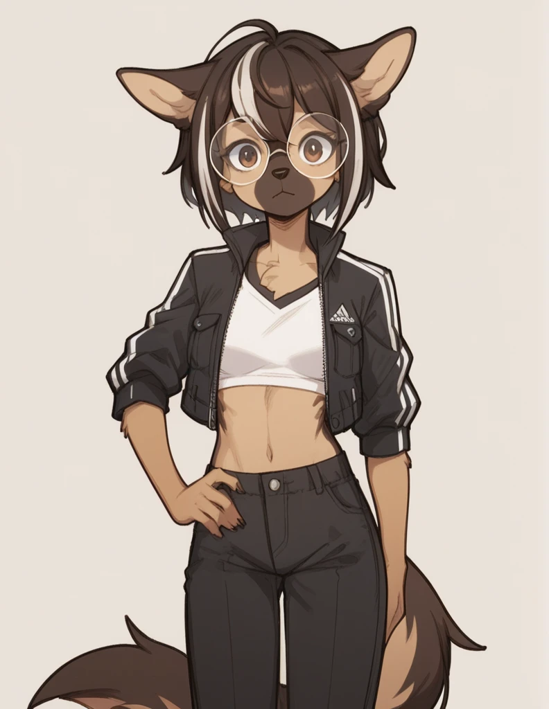 Solo, score_9, score_8_up, score_7_up, score_6_up, score_5_up, score_4_up, source_furry, Anthro, androgynous, anthro furry girl, maned wolf, brown eyes, tall,, short brown hair, white tips on hair, white highlights on hair, low ponytail. side locks, snout, jitome, bags under eyes, flat chested, wearing black bandeau, black boy shorts, holding her arm, arm in front, shy smile, front view,