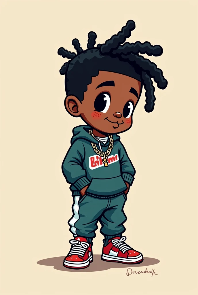 Logo written "LIL MANNIE" with 3 black boy with draid locks wearing cool tracksuit and air jordan shoes and ice chain