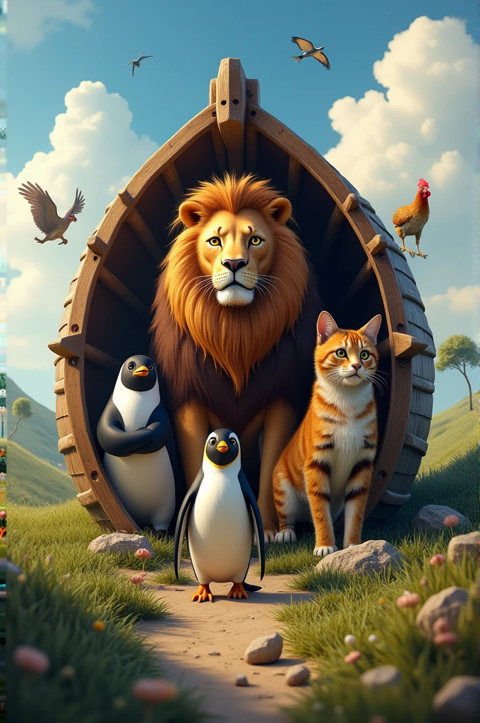 Ark in the real world a lion a cat penguin chicken 