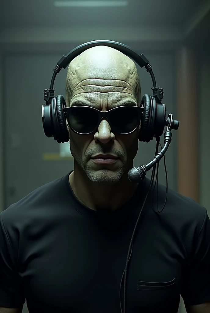 Strong and tough realistic looking alien without a nose with dark glasses and announcer headphones and a black shirt facing a scary radio booth ready to transmit