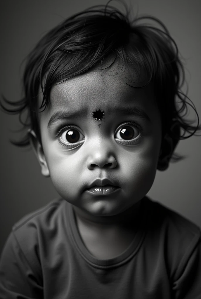 A black & white background, 2, a Bangladeshi baby with funky face & eye. Forehead is broken.