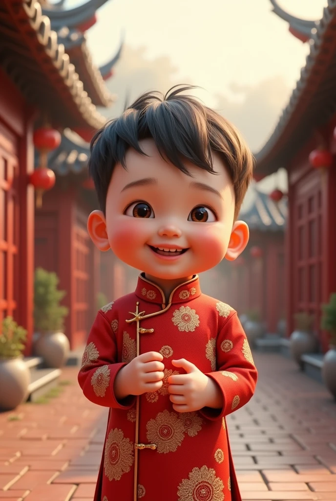 (photorealism:1.2), boy wearing chiongsam and add the text at the top is "Elgio" and the baground is shanghai house and baby smile and happy the baby boy years