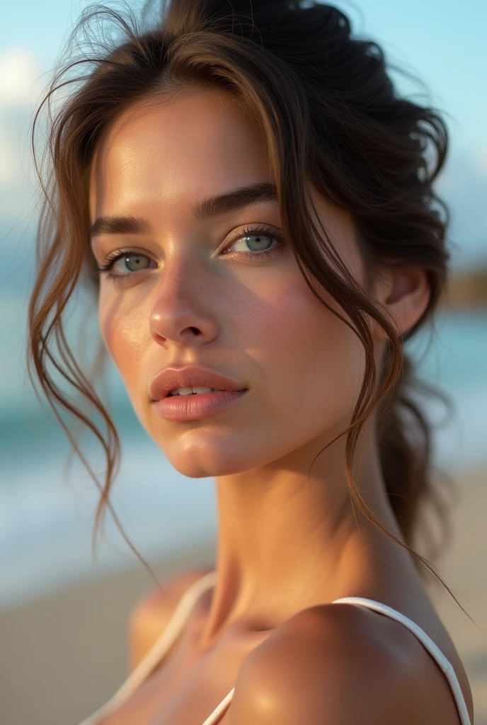 portrait photo ultra réaliste d'une femme brune sur la plage, le visage dégagé, la bouche fermée, européenne, yeux bleus clairs, sans maquillage, minutieux et détaillé, très détaillé, 4k, haute résolution, photographie primée