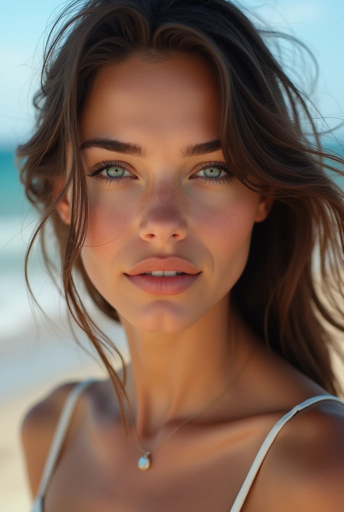 portrait photo ultra réaliste d'une femme brune sur la plage, le visage dégagé, la bouche fermée, européenne, yeux bleus clairs, sans maquillage, minutieux et détaillé, très détaillé, 4k, haute résolution, photographie primée