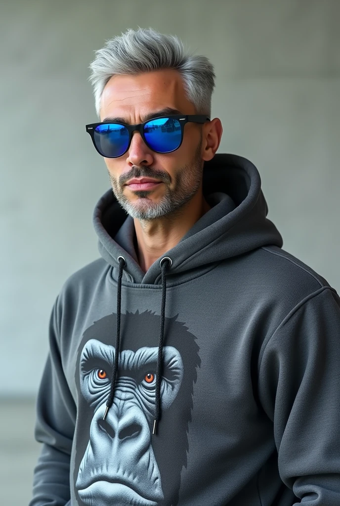a handsome man with grey hair and wearing a grey gorilla hoodie hat ,put in blue oakley glasses 3d render
