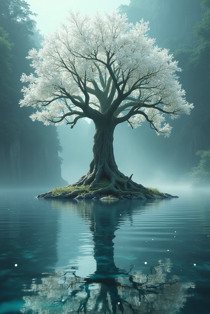 A grand, ancient tree with leaves of clear crystal, standing at the center of a shimmering lake. The tree’s roots extend deep into the water, which reflects the tree’s beauty and the surrounding landscape. The air around the tree is filled with a gentle, radiant light, and the tree exudes an aura of timeless wisdom and magic. The lake’s surface is smooth, like a mirror, capturing the tree’s majestic presence.