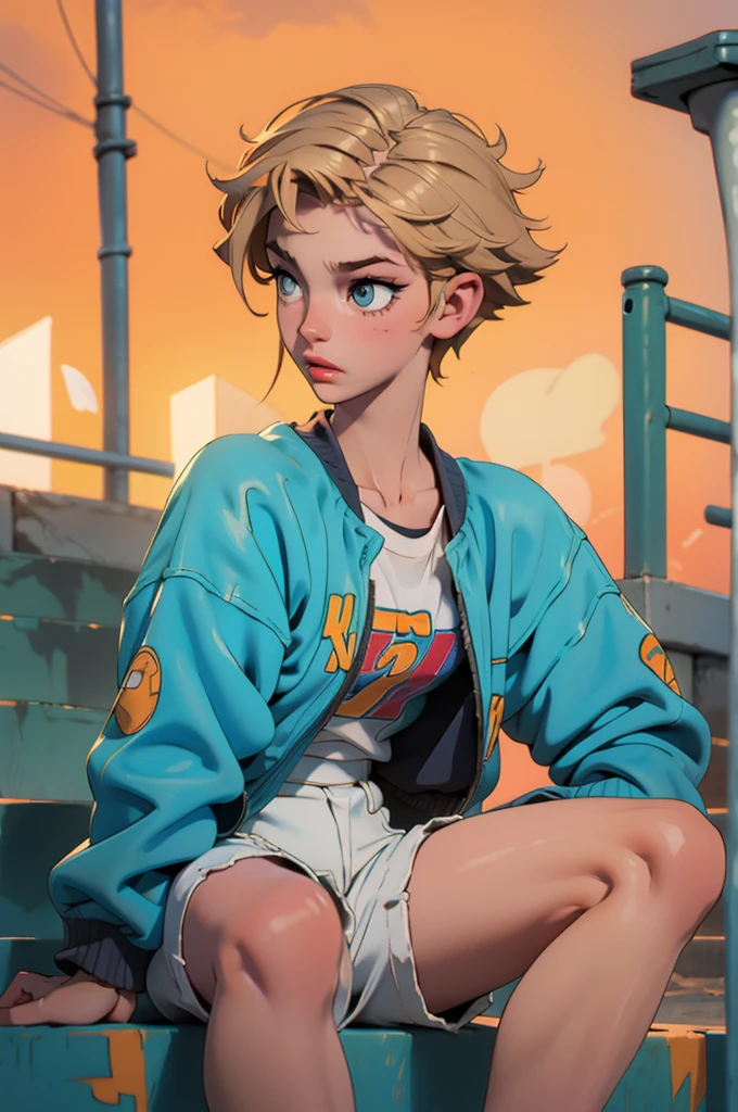 with short wavy blonde hair, hazel eyes, flat chest, wearing a white tank top with a colorful print, hazel Bermuda shorts, posing sitting on a staircase with graffiti, upper body, concrete staircase background with graffiti in a skate park, palm trees, depth on field, Dutch angle, afternoon light, evening, sunset, los angles. Young face (detailed), beautiful outlined eyes, full lips (soft appearance), oval face. Medium length hair.