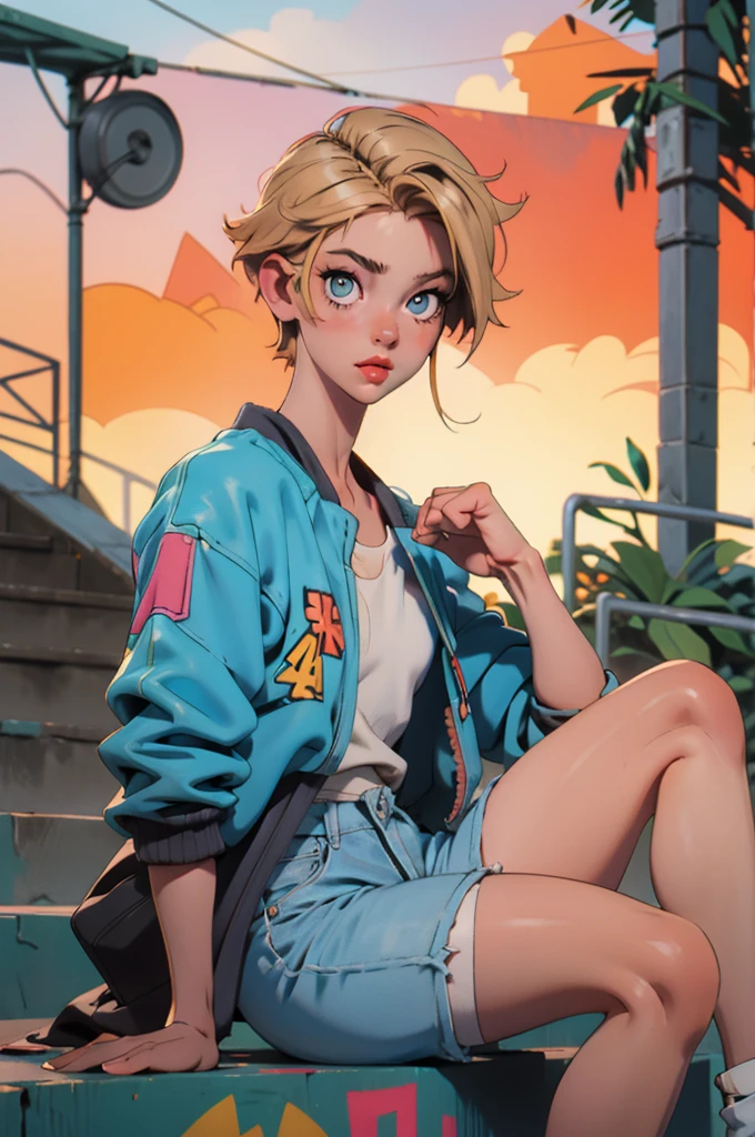 with short wavy blonde hair, hazel eyes, flat chest, wearing a white tank top with a colorful print, hazel Bermuda shorts, posing sitting on a staircase with graffiti, upper body, concrete staircase background with graffiti in a skate park, palm trees, depth on field, Dutch angle, afternoon light, evening, sunset, los angles. Young face (detailed), beautiful outlined eyes, full lips (soft appearance), oval face. Medium length hair.