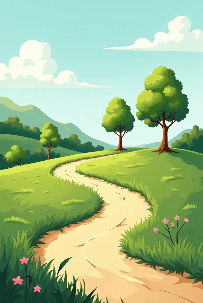 Cartoon of a road on the ground with three trees

