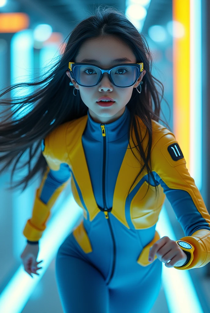 Chinese girl average age 15 year old wear jumpa shuit high tech(( blue yellow)). Running effect. Glowing yellow power. Runfast effect. Wear blue big glasses big frame. Braces teeth. Boleh background. Panning effect. Yellow high tech watch.
a beautiful young chinese women, , wearing a high-tech blue and yellow jumpsuit, photorealistic, detailed facial features, long hair, elegant pose, dynamic lighting, 8k, award-winning digital art, intricate details, vibrant colors, cinematic composition, highly detailed