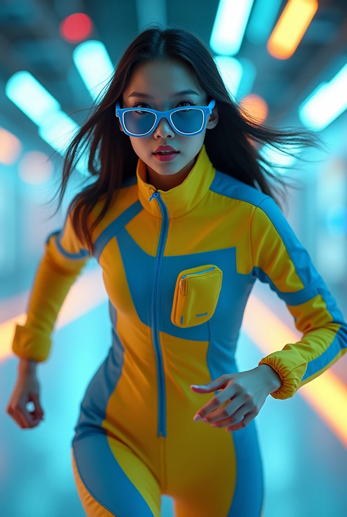 Chinese girl average age 15 year old wear jumpa shuit high tech(( blue yellow)). Running effect. Glowing yellow power. Runfast effect. Wear blue big glasses big frame. Braces teeth. Boleh background. Panning effect. Yellow high tech watch.
a beautiful young chinese women, , wearing a high-tech blue and yellow jumpsuit, photorealistic, detailed facial features, long hair, elegant pose, dynamic lighting, 8k, award-winning digital art, intricate details, vibrant colors, cinematic composition, highly detailed