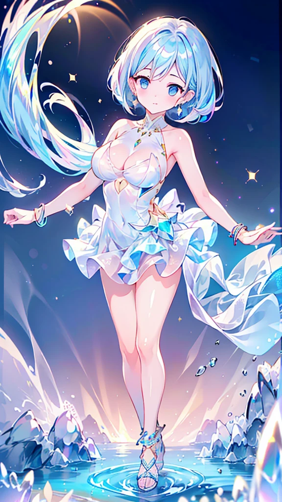  ((high detail, high quality, best picture, Masterpiece, 8k, delicate and dynamic depiction)), summer sunshine, White terrace by the beach, foggy filter effects, 
glitter effects, full body standing, sexy pose, beautiful woman in her 16s with medium breasts, she is wearing a Gorgeous and voluminous white  reflectiv dress made of lots of fabric, Luminous design, shiny glossy iridescent clothes, shiny glossy gradient iridescent clothes, shiny reflective clothes, pastel colors, earrings or pierced earrings, bracelet,anklet and ｍore many accessoris, reflectiv lighting, ink drops, Bokeh, Pale, soft gradient, 177013