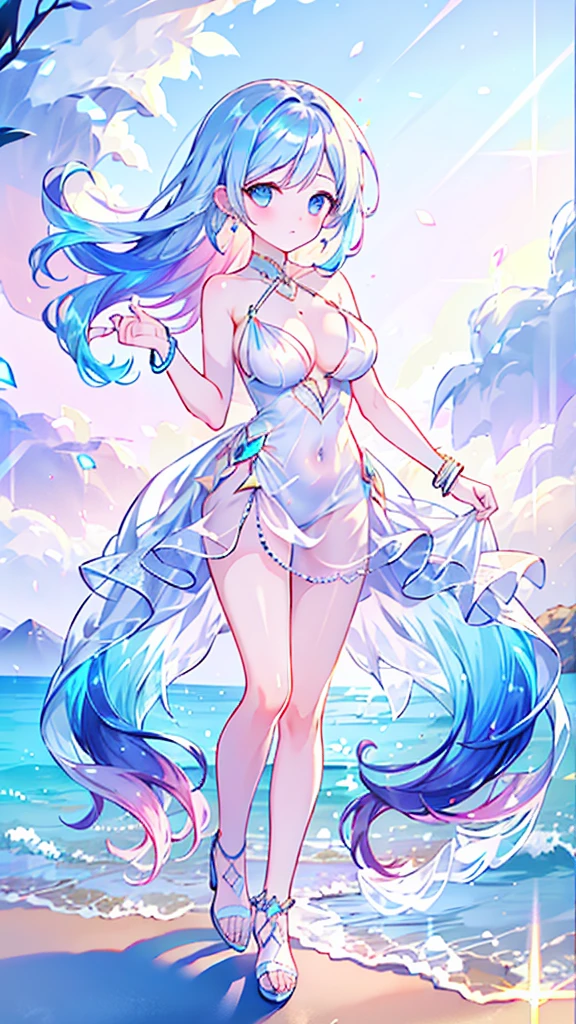  ((high detail, high quality, best picture, Masterpiece, 8k, delicate and dynamic depiction)), summer sunshine, White terrace by the beach, foggy filter effects, 
glitter effects, full body standing, sexy pose, beautiful woman in her 16s with medium breasts, she is wearing a Gorgeous and voluminous white  reflectiv dress made of lots of fabric, Luminous design, shiny glossy iridescent clothes, shiny glossy gradient iridescent clothes, shiny reflective clothes, pastel colors, earrings or pierced earrings, bracelet,anklet and ｍore many accessoris, reflectiv lighting, ink drops, Bokeh, Pale, soft gradient, 177013