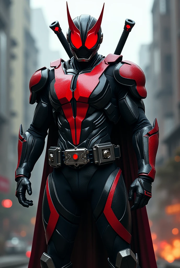 Realistic kamen rider with full body armor. Full coated body armor. Colour red stripe and mainly black. No belt. And a sword on the back.