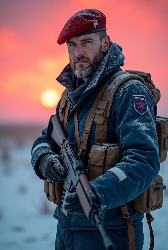 Soldado masculino, Finnish characteristics, Boina militar roja, Dark blue camouflage Soviet style cloth military uniform with white details., Harnesses and belts with ammunition, chaleco antibalas, lleva un rifle de asalto, she is in the siberian steppe, nieve, cielo rojo, 4k, Ultra detallado image, realista, Altamente detallado, perfect composition, splendid, Intrincadamente detallado, Incredibly detailed, 8 k artistic photography, hiper detallado, Obra maestra, Ultra detallado, hyperrealista, 4k, Ultra detallado image, realista, Altamente detallado, perfect composition , splendid, Intrincadamente detallado, Incredibly detailed, 8K fine art photography, hiper detallado, Obra maestra