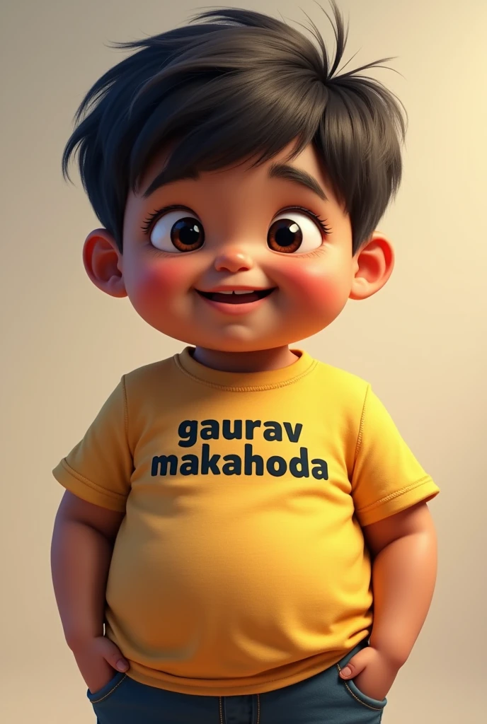 Adult chubby boy with dark colour skin wearing a t-shirt on which "gaurav makahoda" is written