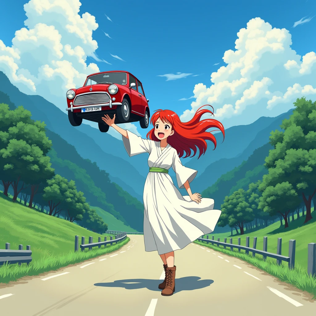 Japanese Manga,Hayao Miyazaki,Background mountain road,Red long hair,White robe,girl,Exaggerated expression,Holding a car in one hand