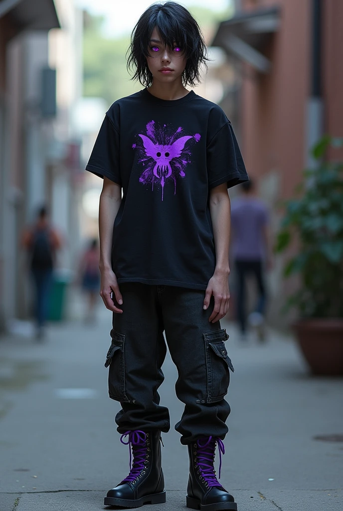A young adult with purple eyes, with slightly long hair, endomorfo, and wears black clothes with purple details.
badass clothing: t - shirt, cargo pants, combat boots.
He is actually a slime in his humanoid form..