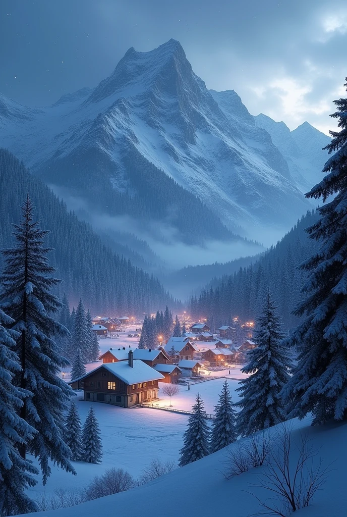 BREAK (masterpiece:1.2), best quality, high resolution, unity 8k wallpaper, (illustration:0.8), (beautiful detailed eyes:1.6), extremely detailed, perfect lighting, extremely detailed CG, forest, snow rain, village, mountains, lights, solo, empty scenery, night, no humana