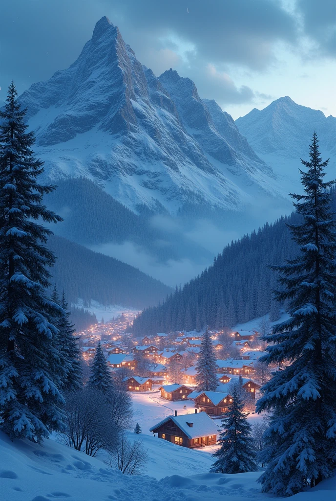 BREAK (masterpiece:1.2), best quality, high resolution, unity 8k wallpaper, (illustration:0.8), (beautiful detailed eyes:1.6), extremely detailed, perfect lighting, extremely detailed CG, forest, snow rain, village, mountains, lights, solo, empty scenery, night, no humana