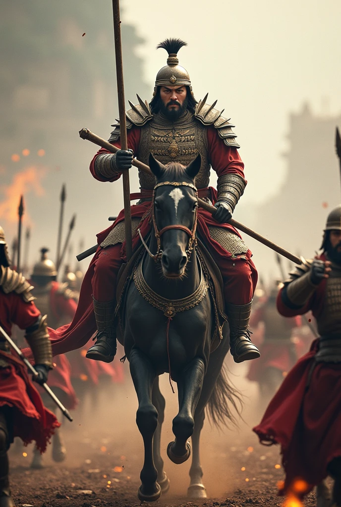(中国古代warrior),(On his shoulder he carried a long iron spear, 美丽的warrior头盔, warrior盔甲, warrior护腿, warrior护臂, Carry a bow and arrow on your back, And a lot of blood,whole body\) Ride the strong black horse into battle, He was surrounded by heavy gunfire., And the dense rain of enemy arrows, in front of him, The enemy is numerous\(warrior\), Battle scene shot from the front,The photo is very rough,Front view, landscape, Dynamic Angle, Dynamic poses, Dynamic action movie,