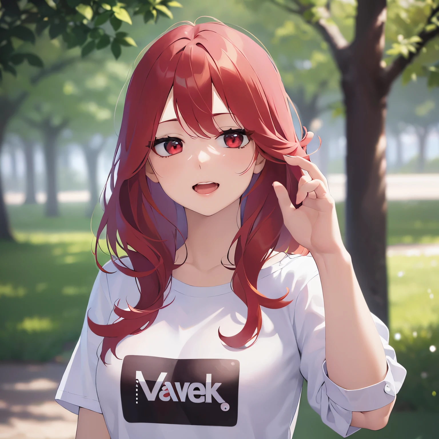 (looking at viewer:1.5)Upper Body, waving hand,5 biologically correct fingers、
Realistic, real person, RAW photo, photorealistic, portrait photography, shiny skin,
25-year-old woman、(Medium Hair) and (red hair) and (red eyes),
Wearing a white T-shirt、
smile, open mouth,(park:1.5)、(alone:1.5)