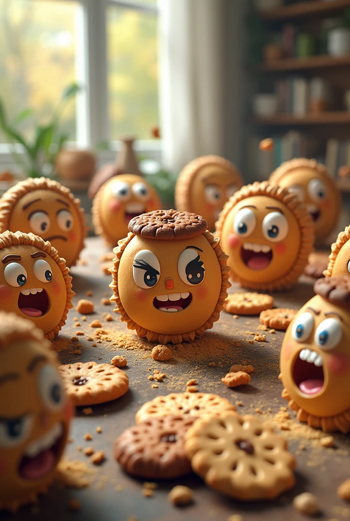 Cookies and biscuits with cute and angry faces fighting in a war on top of a breakfast table. Make a wide variety of cookies, como cookie, wafer, MAIZENA