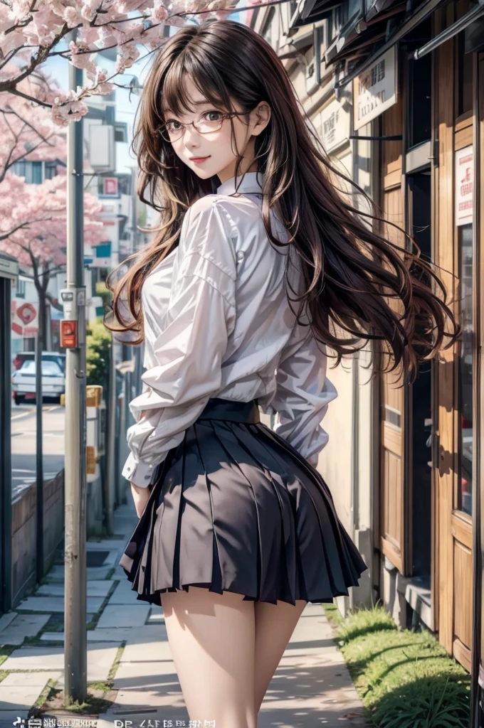 ((Highest quality)), ((masterpiece)), (detailed), (High contrast natural side sunlight, Dynamic Lighting, Cinema Lighting), Anime Style, (((whole body))), Cute Japanese, ((Rear view, look back)), Looking at the audience, smooth, fair skin, Exaggerated super long hair, Black straight hair、Wavy head and tail, 長い髪がWindになびく, ((Extremely fine hair)),  Cute, isn't it?, Long upper eyelashes, Thin eyebrows, Big eyes, amber pupil, Ultra-detailed eyes, A little blush, smile, Exquisite rimless glasses, detailedな顔, detailed face, Small Nose, Small lips, rest, 
((Symmetrical clothing, uniform, White button-down shirt, Black pleated student skirt, dark stockings, Dark colored school shoes)), Perfect clothing texture, Perfect body structure, Attractive figure, Long and sexy legs, Perfect foot quality, Perfect touch, Beautiful hands and feet, Beautiful fingers, rest, (Beautiful Wind scenery), (Micro Wind Outdoor), Wide street in a quiet Japanese town, Spring Morning, (Wind), (cherry blossoms), whole body images, ((Perfect composition)), emphasize the subject, (detailedな背景:1.5), オリジナルphotograph, CG unity, photograph, シュールなdetailed, concentrate, (Distorted depth of field blurred background), [[Color Saturation]], (和Windphotograph:0.3), (magazine:1.4), (Cover Style:1.3)