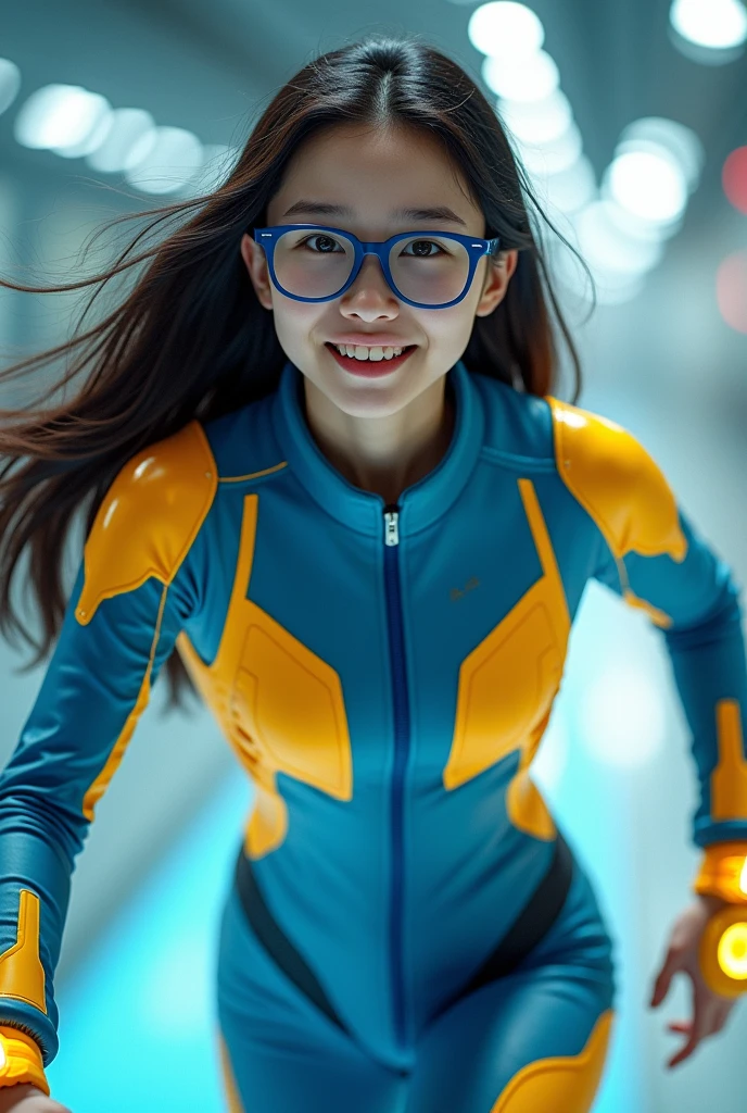 Chinese women average  wear jumpa shuit high tech(( blue yellow)). Running effect. Glowing yellow power. Runfast effect. Wear blue big glasses big frame. Braces teeth. Boleh background. Panning effect. Yellow high tech watch. a beautiful young chinese women, , wearing a high-tech blue and yellow jumpsuit, photorealistic, detailed facial features, long hair, elegant pose, dynamic lighting, 8k, award-winning digital art, intricate details, vibrant colors, cinematic composition, highly detailed
