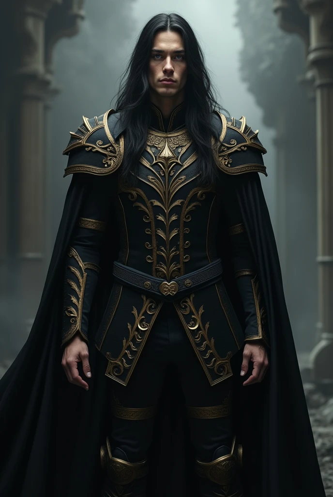 Tall male in the ageOf course. So with all this in mind, the complete description of this man's appearance would be:
Tall male in the age range of 25-40, with long, dark and straight hair, and a strong but not "too" muscular physique. Fair skin, athletic-muscular build, and pale or white colored eyes. Extremely sexy and hot, attractive. A black and gold velvet armor, although not very protective, probably expensive-looking, with a permanent and thick black shadow aura surrounding him. The aura is very strong and people can touch it.