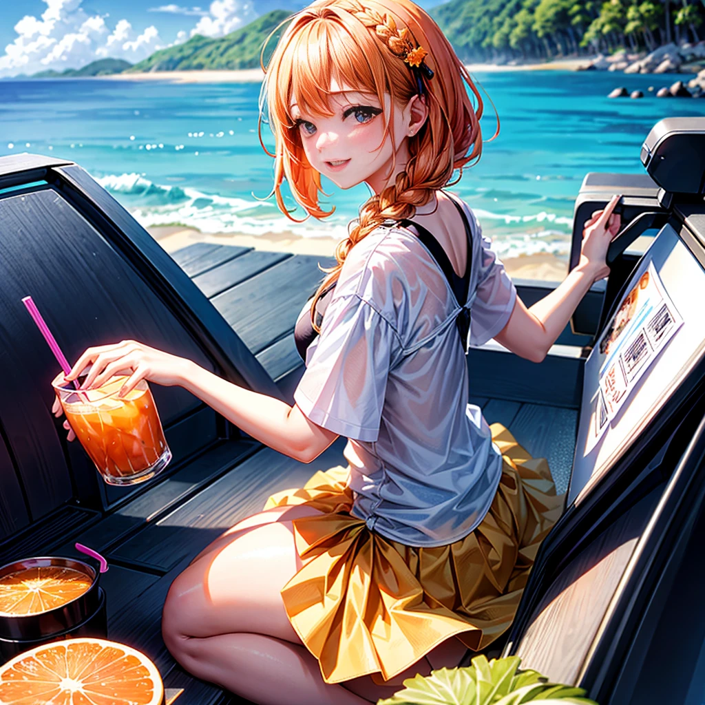 ((8k, Best Quality, Masterpiece: 1.3)), Ultra High Resolution, ( Girl, Solo), (Color Changing Eyes, Ultra Detailed, Expressive Sparkle, Shimmering, Glowing Eyes), Highly Detailed Eyes,In a lively outdoor café terrace, a youthful girl with vivid orange semi-long hair and bright emerald green eyes is enjoying a cheerful coffee break. Her hair, a striking shade of orange styled into loose, bouncy waves, perfectly contrasts with her sparkling emerald green eyes, which reflect her playful and energetic personality. She wears a cute, modern outfit that’s both stylish and practical: a light pastel-colored graphic T-shirt featuring a fun, whimsical design that highlights her lively character, paired with high-waisted, light denim shorts that add a trendy touch. The T-shirt’s colors complement her orange hair, making it pop even more, while the denim shorts offer a casual, yet fashionable look. Seated at a small café table adorned with a colorful, patterned tablecloth, she holds a refreshing smoothie in one hand and flips through a magazine with the other. Her bright emerald green eyes shine with excitement, perfectly framed by her vibrant orange hair. The café terrace, decorated with vibrant potted plants and cozy outdoor seating, adds to the relaxed and inviting atmosphere, making her hair and eyes stand out beautifully in the scene.
