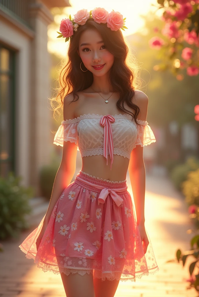 Ultra high quality,High heel,Long legs,Smile,Sunlight,Lace off-the-shoulder,Pink floral miniskirt,Wear flowers on your head,student,charming,Ribbon