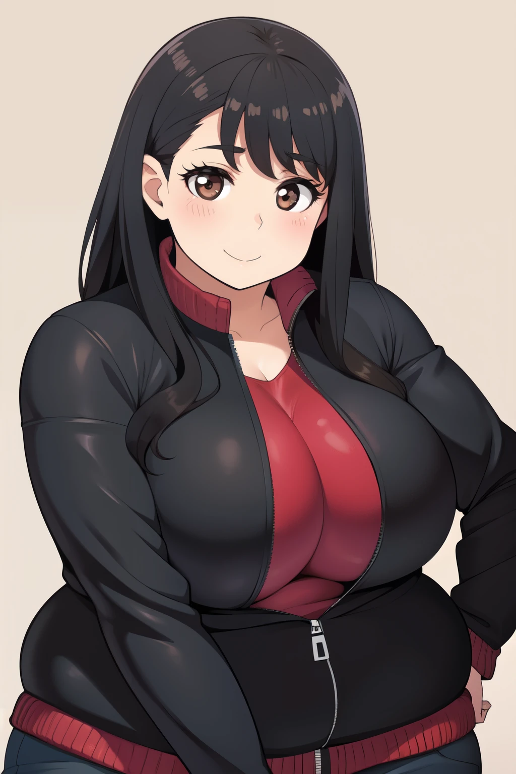 Plump year 21 big breasts black hair brown eyes happy longer hair smile blushing black jacket 