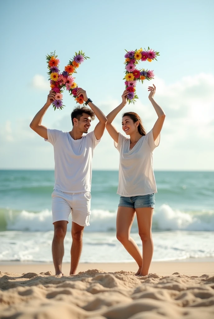 Couples holding letters k and f on top oh their head written by flowers at beach