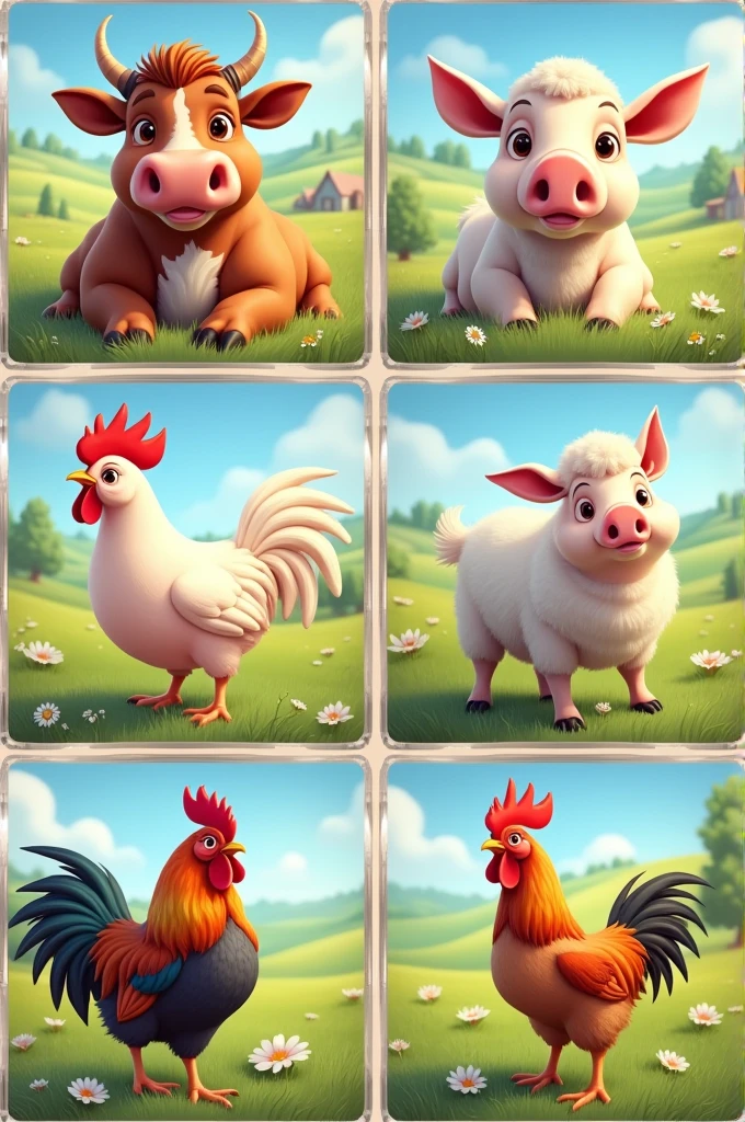 generate an image with total 6 frames put the following animals in one frame each cow, goat,sheep,pig,hen, rooster