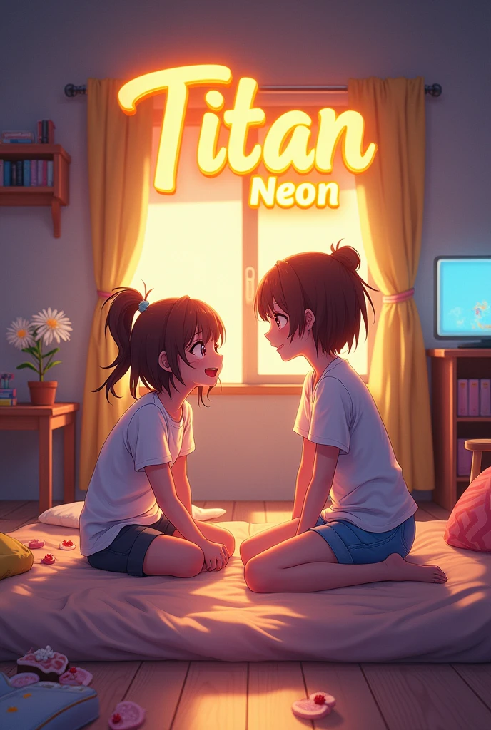 Absurd resolution, high resolution, (masterpiece: 1.4), super detailed, (((detailed face, detailed expression)), two girls, girl and girl, friends, best friends, classmates, relax, ponytail, bob, sitting on bed, sitting on the floor, two are talking, background is in the room, friends, best friend, home, 1K, small room, curtains, bed, TV, desk, sweets, Talk about travel with friends, gathering, fun, smile, room wear, Kyoto animation, Kyoto animation atmosphere, glitter, brilliance, Text: The name "TITAN NEON" is prominently featured in a futuristic font. The text is rendered in a striking golden color, giving it a high-tech, premium appearance.
Avatar: Incorporate a ninja anime avatar that exudes a sense of agility and coolness. The ninja should be detailed, with sleek lines and a dynamic pose to convey action and excitement.
Controller Icon: Include a stylized controller icon in the design. This icon should be modern and sleek, seamlessly integrated into the overall composition to enhance the gaming theme.
Background: The background features an abstract logo or graphic element that complements the futuristic and high-energy feel of the design. This could be something like a glowing circuit pattern or a dynamic geometric shape to add depth and visual interest.
Overall Design: Ensure the logo is attractive and eye-catching with a bold and vibrant color scheme that resonates with gaming enthusiasts. The design should be versatile enough to look great on various mediums, including mobile screens in 8k resolution.