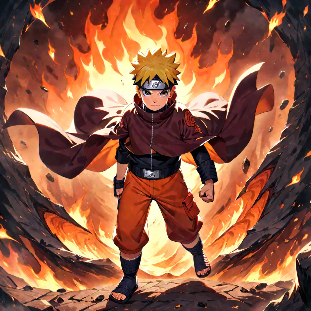 1boy, Naruto Uzumaki, Naruto, protagonist, determined, orange jumpsuit with a dark red cloak and a yellow and black pattern, standing on a ground full of debris and flames in the middle of a large crater, epic, best quality, very aesthetic, absurdres, ((medium quality)), ((medium quality))