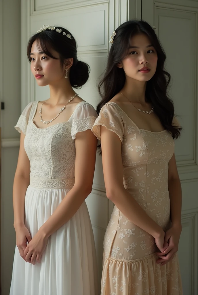 You help me create pictures, Pure Vietnamese lesbianism, a council lady and a maid... Stand next to each other with your arms facing forward.