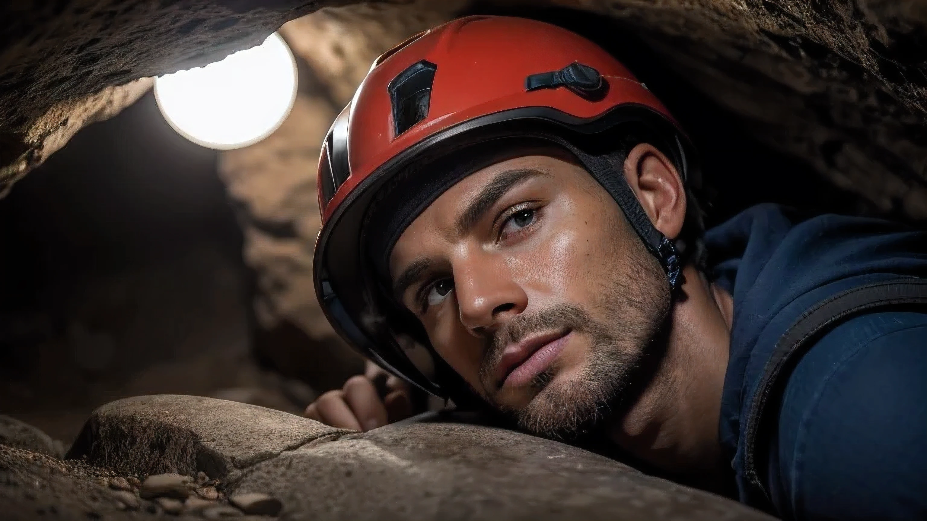 cavers, man lying in a cave, crushed by a rock, had an accident, perfect lighting, (looking at the camera: 1.35), realistic skin, realistic, (photorealistic: 1.2), supermodel, soft light, Canon 5D Mark IV, Sigma 85mm f/1.4, flirting with the camera, eyeliner, dark, grotto, cave, (red jumpsuit: 1.1), blue helmet on head, headlamp attached to the helmet.