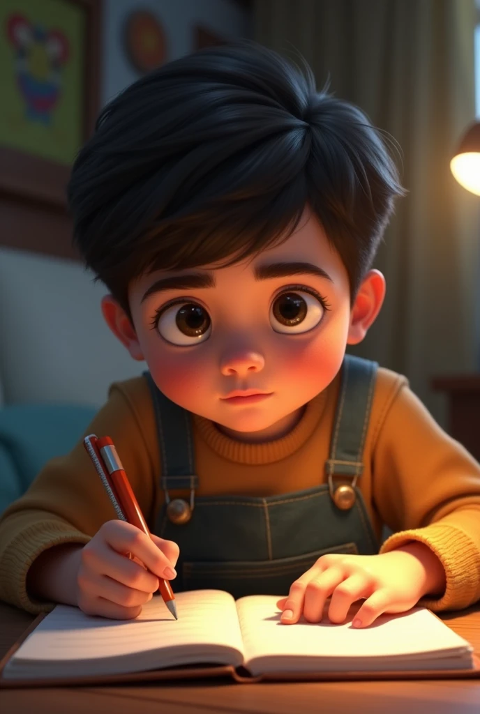 ছেলে মাথা তুললো এবং খাতায় লেখার চেষ্টা করছে)