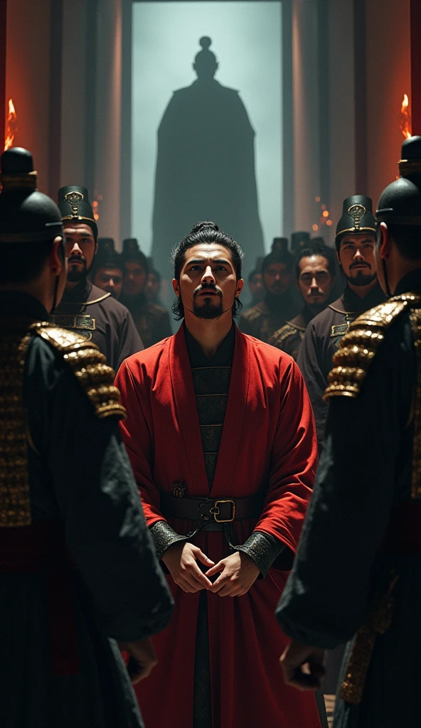 An ancient Chinese handsome commoner is shown being seized by palace guards in a narrow corridor. His face is a mix of shock, fear, and determination. The guards are stern and unyielding, dressed in traditional armor. The corridor is dimly lit, with torches casting flickering shadows. In the background, a shadowy figure of the emperor watches from a distance, his presence ominous and foreboding. The commoner’s hands are shackled, symbolizing the loss of freedom and the impending doom.