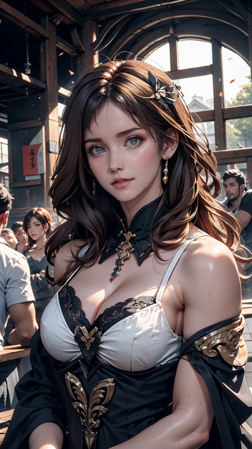 (Highest quality, 8k, masterpiece :1.3), Handsome woman with perfect figure and long hair :1.4, Zhongli, Zhongli, Dark brown hair, Swollen breasts, Genshin Impact, On the Ruins, In the hands of a gun, Highly detailed face and skin, Detailed eyes, double eyelid