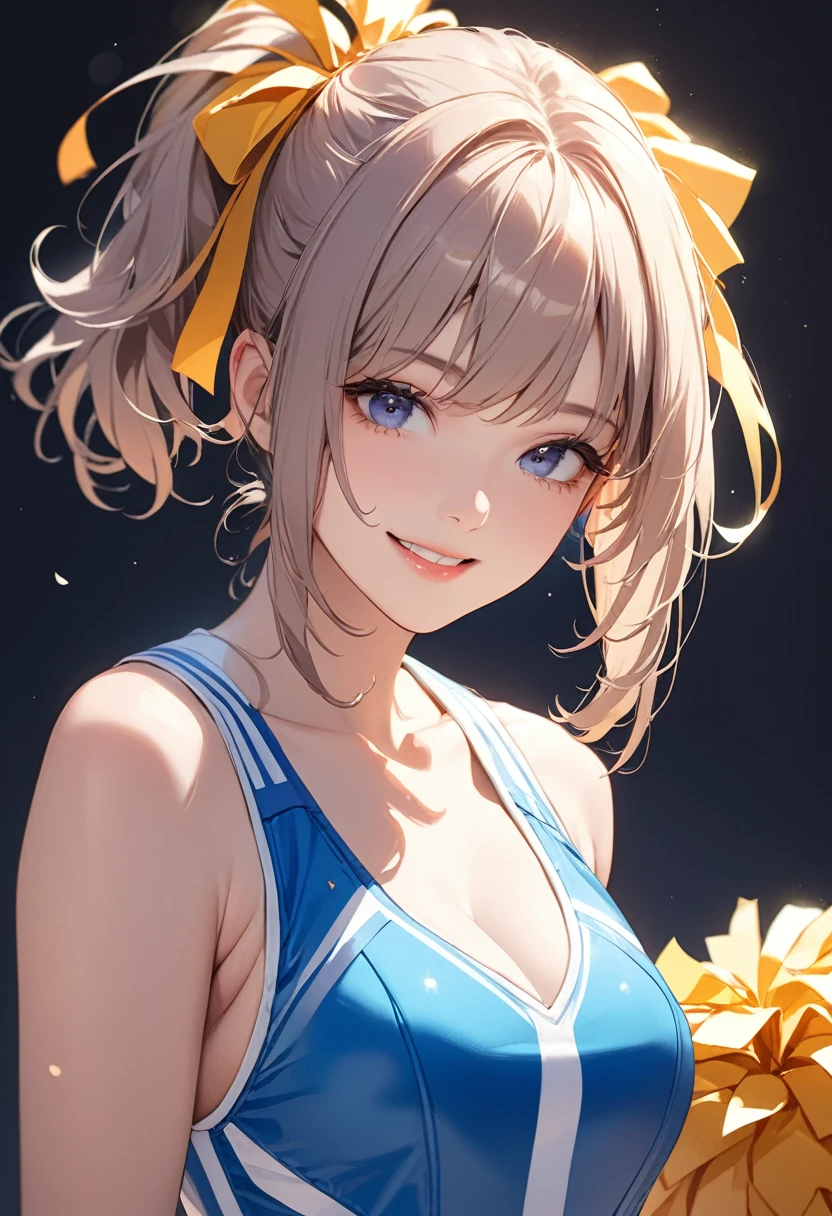 (masterpiece:1.5),(Beat quality),(high res),1girl solo,beautiful face,smile,upper body,Woman in cheerleader outfit