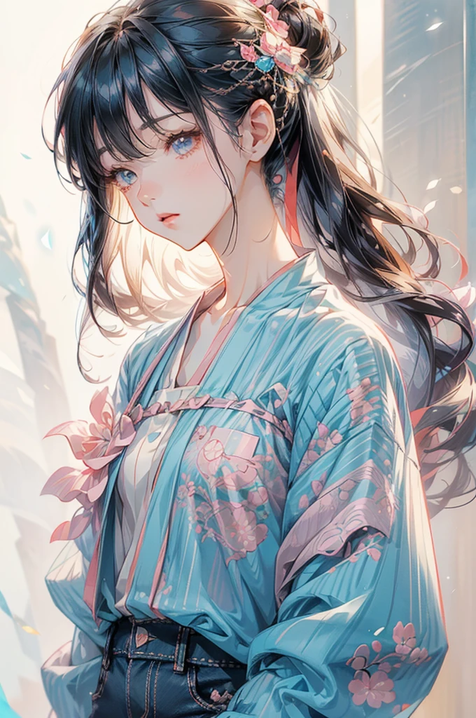 Woman in striped shirt and jeans standing in front of white background, Portraits by Hiroshi Yamagata, Popular on Pixiv, Serial art, Cute girl anime visual, Detailed anime character art, Beautiful anime portrait, Anime style illustrations, Anime full body illustration, Clean and detailed anime art, Anime style portrait, Detailed portrait of anime girl