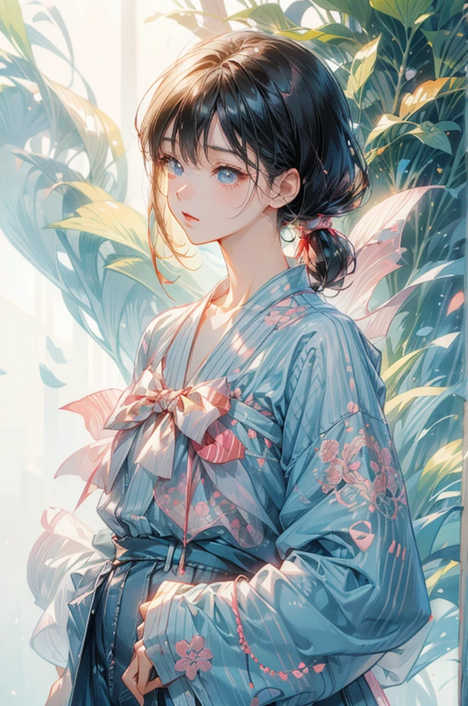 Woman in striped shirt and jeans standing in front of white background, Portraits by Hiroshi Yamagata, Popular on Pixiv, Serial art, Cute girl anime visual, Detailed anime character art, Beautiful anime portrait, Anime style illustrations, Anime full body illustration, Clean and detailed anime art, Anime style portrait, Detailed portrait of anime girl